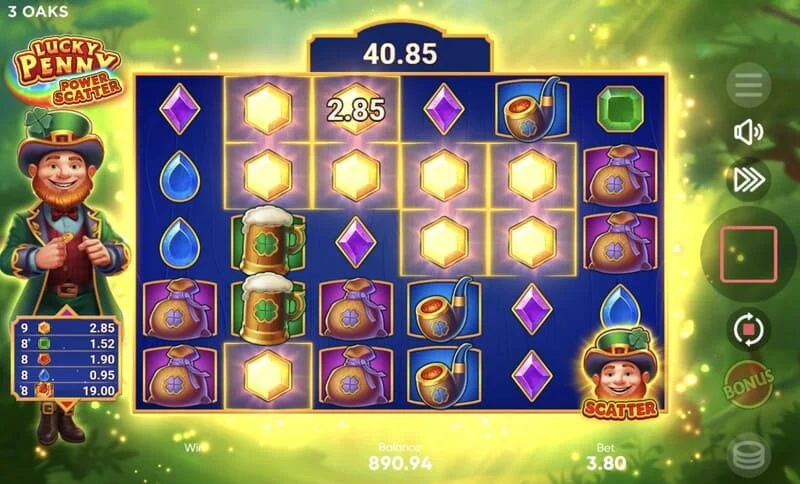 Lucky Penny Power Scatter - Basisspiel mit kaskadierenden Verschwinden und kumulativem Multiplikator